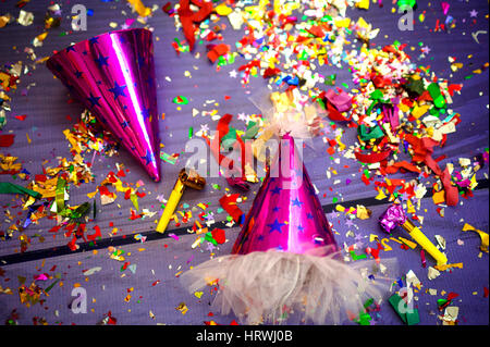 concept birthday party top view on purple background mock up. children's birthday Stock Photo