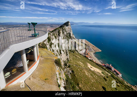 Rock of Gibraltar at Mediterranean Sea, viewpoint observation deck on the left Stock Photo