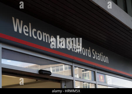 Stafford Station Railway Station Train Station entrance welcome sign Stock Photo