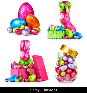 Chocolate easter eggs, rabbit with bow wrapped in pink foil, bunnies and colorful candies collection isolated on white background Stock Photo