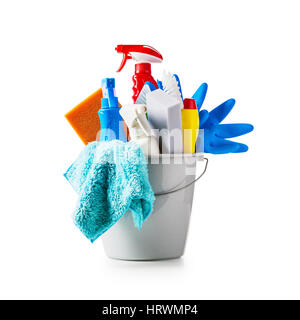 Bucket with cleaning supplies isolated on white background. Single object with clipping path Stock Photo