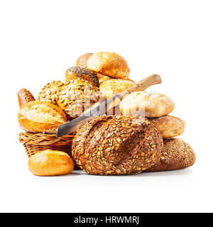 Fresh bread, basket of rolls and buns and cutting knife isolated on white background clipping path included Stock Photo