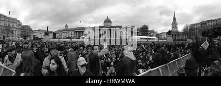 London, UK, 26, 02, 2017: General view ( Image digitally altered to monochrome ) a free screening of Oscar- nominated Iranian film The Salesman in Trafalgar Square in London Stock Photo