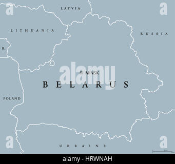 Belarus political map with capital Minsk, national borders and neighbors. Formerly known as Byelorussia. Republic in Eastern Europe.