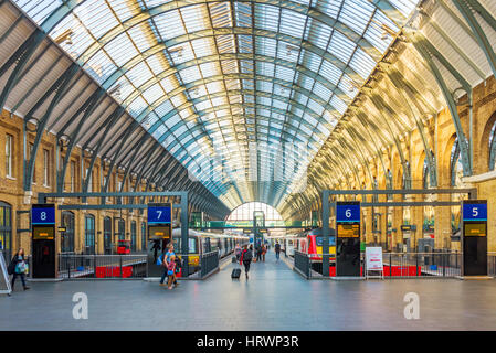 LONDON, UNITED KINGDOM - OCTOBER 31: This is Kings Cross St Pancras railway station platform where trains wait for passengers to board on October 31,  Stock Photo