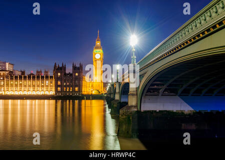 View of Houses of Parliament and River Thames at night Stock Photo