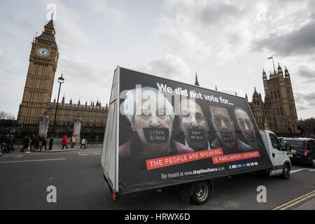 London, UK. 4th March, 2017. Anti-Brexit billboard is driven around Westminster © Guy Corbishley/Alamy Live News Stock Photo