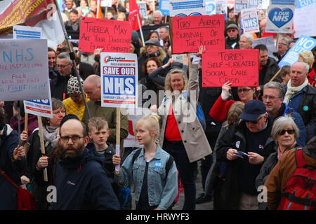 London, UK. 4th March. 2017. The demonstration, organised by Health Campaigns Together and The People's Assembly is calling for a fully funded, publicly owned NHS and social care service; an end to cuts, closures privatisation and an end to the pay restraint for NHS staff.  Penelope Barritt/Alamy Live News Stock Photo