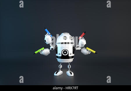 Four-armed robot with pencils. Multitasking concept. Contains clipping path. Stock Photo