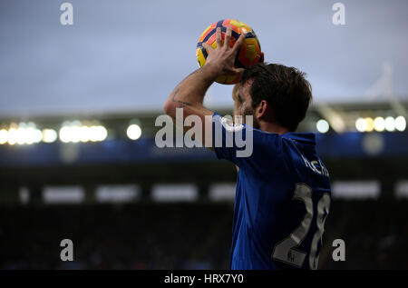 Leicester City's Christian Fuchs during a throw-in during the Premier League match at the King Power Stadium, Leicester. PRESS ASSOCIATION Photo. Picture date: Saturday March 4, 2017. See PA story SOCCER Leicester. Photo credit should read: Steven Paston/PA Wire. RESTRICTIONS: No use with unauthorised audio, video, data, fixture lists, club/league logos or 'live' services. Online in-match use limited to 75 images, no video emulation. No use in betting, games or single club/league/player publications.