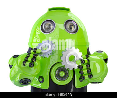 Green robot with gears. Technology concept. Isolated, contains clipping path. Stock Photo