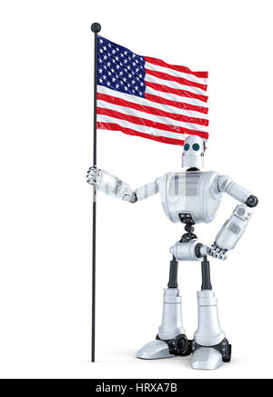 Android Robot standing with flag of USA. Isolated on white. Contains clipping path Stock Photo