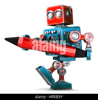 Vintage Robot writing with red pen. Isolated. Contains clipping path Stock Photo