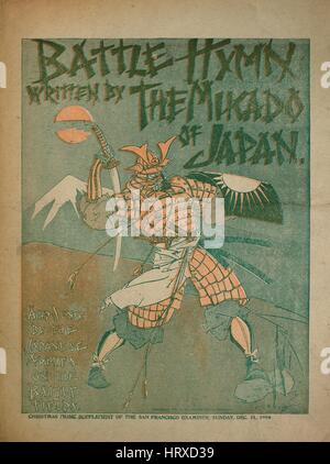 Sheet music cover image of the song 'Battle Hymn', with original authorship notes reading 'Written by The Mikado of Japan', 1904. The publisher is listed as 'Christmas Music Supplement of The San Francisco Examiner, Sunday, Dec. 11', the form of composition is 'strophic', the instrumentation is 'piano and voice', the first line reads 'Fair land of Nippon, the fount of ev'ry blessing', and the illustration artist is listed as 'delineator's name undecipherable; Unattrib. lith. of His Majesty Mutsuhito[?], Emperor of Japan'. Stock Photo