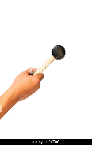 Hand holding a hammer on a white background. View from the top Stock Photo