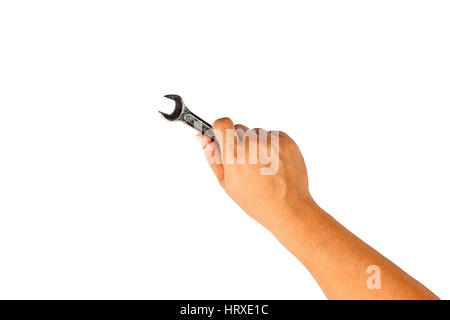 Hand holding a wrench in a posture on a white background. Stock Photo