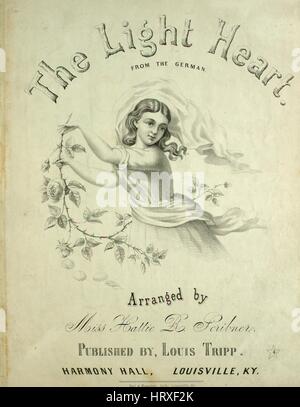 Sheet music cover image of the song 'The Light Heart From the German', with original authorship notes reading 'Arranged by Miss Hattie R Scribner', 1866. The publisher is listed as 'Louis Tripp, Harmony Hall', the form of composition is 'strophic', the instrumentation is 'piano and voice', the first line reads 'I am a free and happy Singer, and wander far from grief and care', and the illustration artist is listed as 'Hart and Mapother Lith., Louisville, Ky.; unattrib. lith. of Harmony Hall on back cover'. Stock Photo