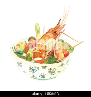 Sour prawn soup. Thai food. Very famous Thai cuisine. Watercolor painting by hand.Reference photo from http://thai-food-online-blog.blogspot.com/2012/ Stock Photo