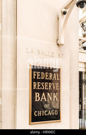 Chicago, USA - May 30, 2016: Federal Reserve sign, logo and text with La Salle street Stock Photo