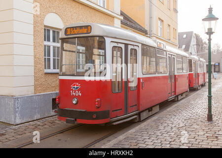 Old fashioned tram at Grinzing village, Vienna, Austria. Stock Photo