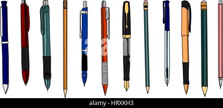 set of colored pencils and pens. Isolated on white. Stock Vector