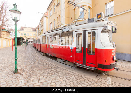 Old fashioned tram at Grinzing village, Vienna, Austria. Stock Photo