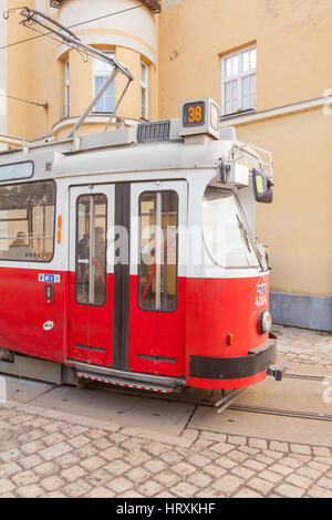 Old fashioned tram at Grinzing village, Vienna, Austria. Stock Photo