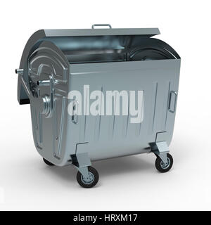 Garbage container. Open trash container on wheels standing on the white  surface. 3D illustration. Isolated Stock Photo - Alamy