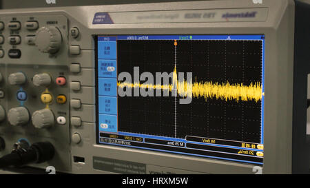Detail of an oscilloscope in a factory of electronic components. Stock Photo
