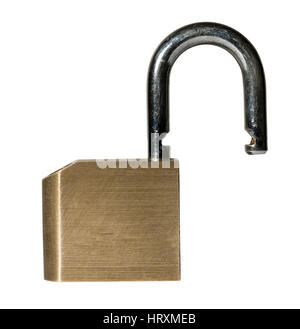 Close shot of a solid brass padlock with hardened hasp with path and isolated against white background Stock Photo