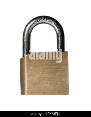 Close shot of a solid brass padlock with hardened hasp with path and isolated against white background Stock Photo