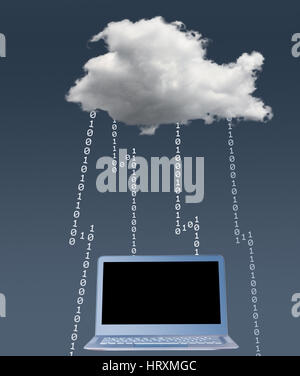 Concept image for cloud computing and online applications with a dark cloud and lightning showing problems with connected laptop Stock Photo