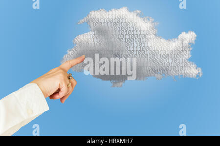 Concept image for cloud computing and online applications showing bits inside web services platform and a female hand pointing to the cloud Stock Photo