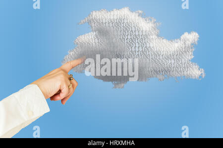 Concept image for cloud computing and online applications showing bits inside web services platform and a female hand pointing to the cloud Stock Photo