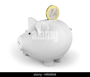 White piggy bank with one Euro coin partially inserted into the slot on white background 3D rendering Stock Photo