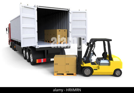 Forklift truck loading a long truck on white background 3D rendering Stock Photo