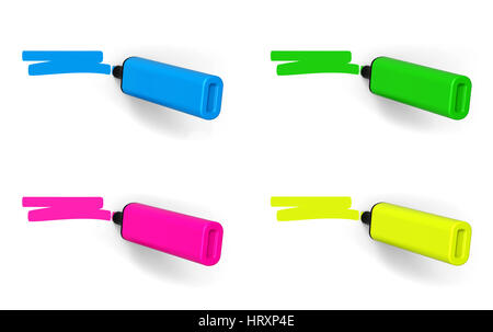 Collection of colored highlighters with markings isolated on white background 3D rendering