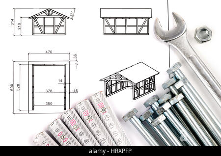 Drawing and tools on table Stock Photo