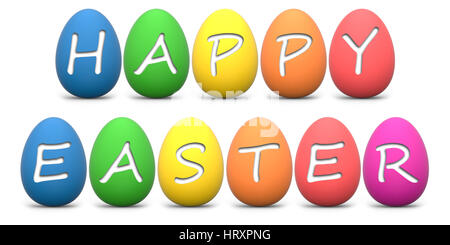 Rainbow colored easter eggs with Happy Easter text isolated on white 3D rendering Stock Photo