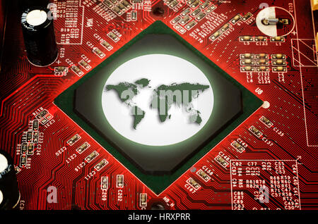 Electronic circuit plate with world map Stock Photo