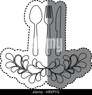 sticker shading silhouette crown of leaves with cutlery Stock Vector