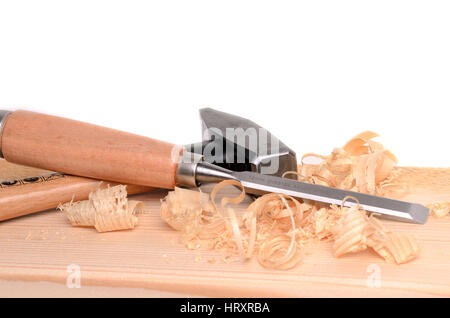 Carpenter tools hammer and chisel on white background Stock Photo