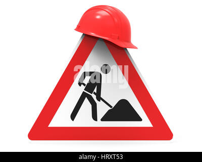 Under construction, road sign and safety helmet, isolated on white background 3D rendering Stock Photo