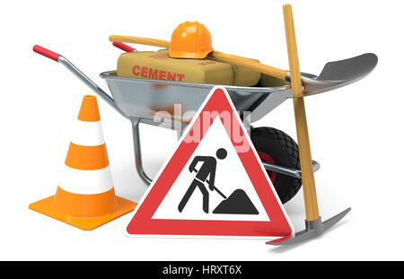 Wheelbarrow with cement, shovel, traffic sign, traffic cone and safety helmet, isolated on white background 3D rendering Stock Photo