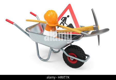 Wheelbarrow with shovel, traffic sign, traffic cone and safety helmet, isolated on white background 3D rendering Stock Photo