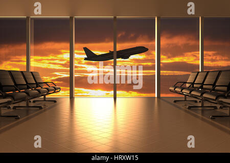 Airport waiting room with airplane and sunset, 3D rendering Stock Photo