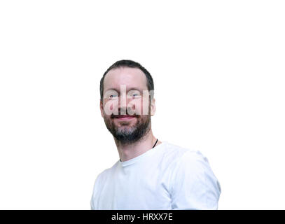 Mid aged man, wearing beard, smiling. Studio cropped portrait isolated on white Stock Photo