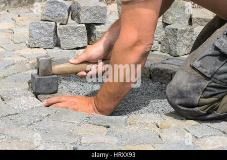 Construction worker installing stone blocks on pavement Stock Photo
