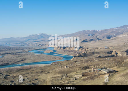 A view from the mountain at ancient heritage town Uplistsikhe to a river Kura and hills around, Georgia, Caucasus mountains. Stock Photo