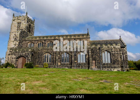 Beautiful Anglican church of St Michael and All Angels, on top of hill above Mottram in Longdendale, Greater Manchester England Stock Photo